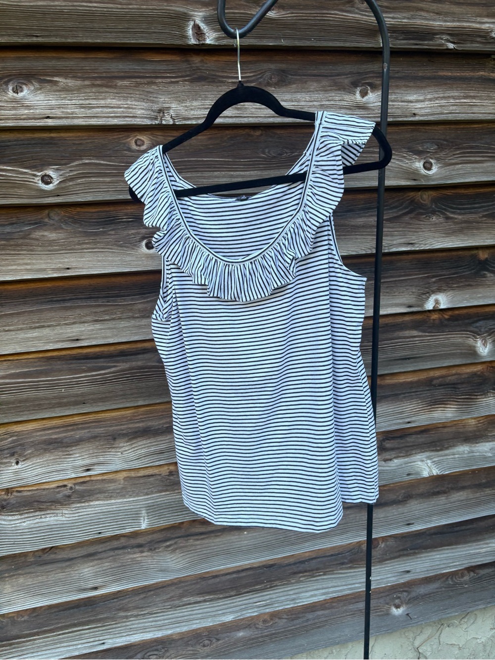 Talbots Black & White Striped Ruffle Scoop Neck Tank